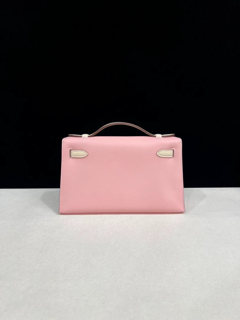Hermes Kelly pochette pink Sakura  cream white swift leather palladium hardware