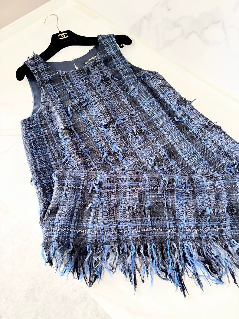 Chanel 2018 blue and black tweed fringed dress