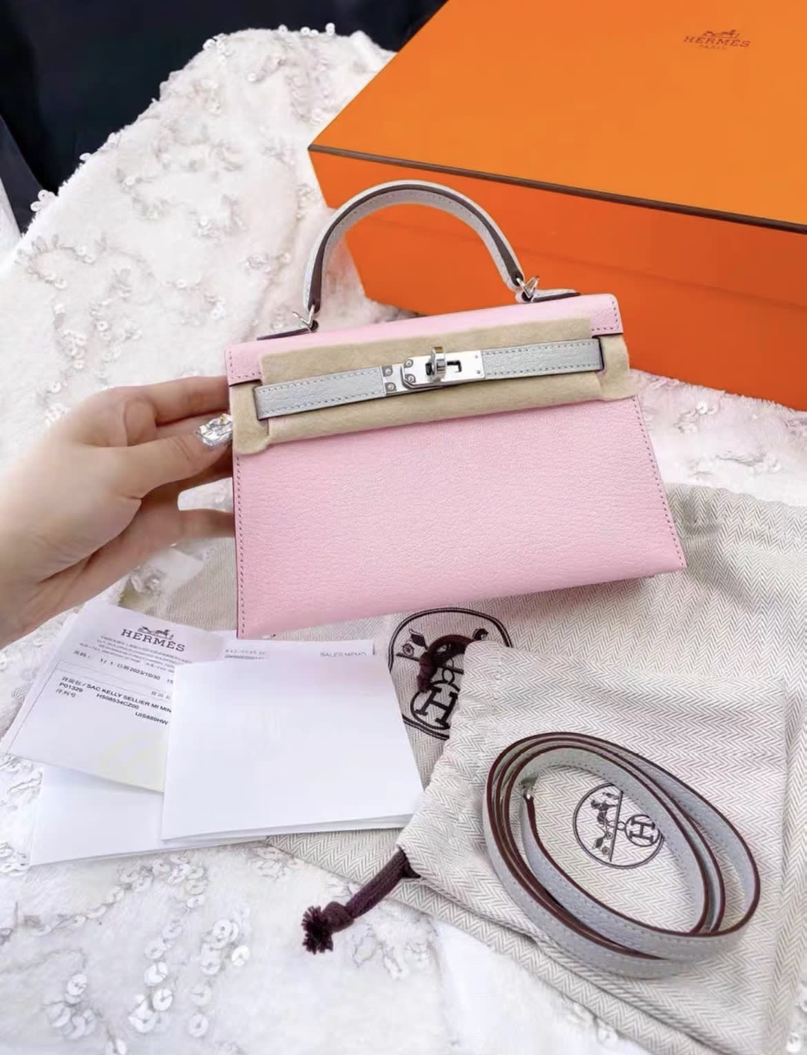 Hermes Mini Kelly II 20 Rose Sakura  Gris Perle Chèvre permabrass hardware
