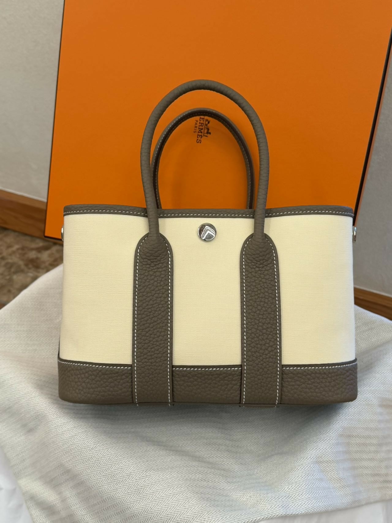 Hermès Garden Party 18 (Mini) Toile Vanilla  Étoupe Negonda with Palladium Hardware