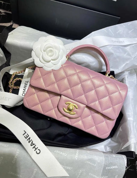 CHANEL Chanel Mini Rectangular Flap Bag with Top Handle Pink Iridescent Lambskin Antique Gold Hardware - Small Mini Bag - Used fashion item from Top Quality Luxury Designers Bag