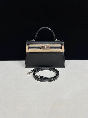 Hermes Mini Kelly 20 black Epsom leather with white stitching palladium hardware