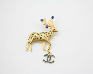 Chanel Vintage 01A Rhinestone Blue Golden Green Reindeer Brooch
