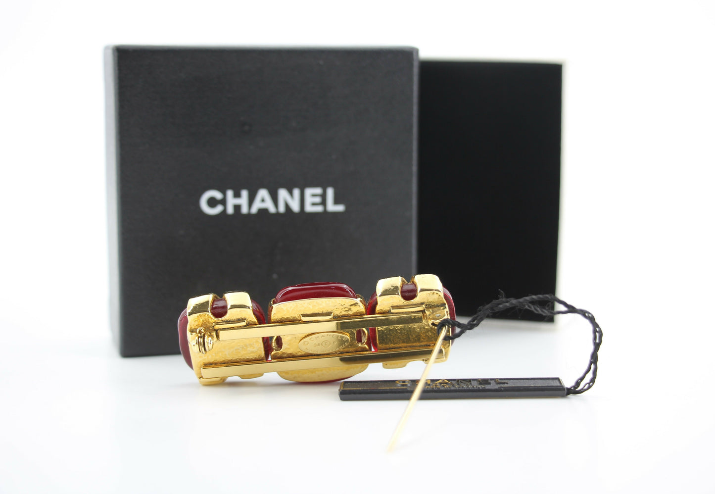 Chanel Vintage 94P Gripoix Red CC Gold Plated Rectangular Cross Brooch