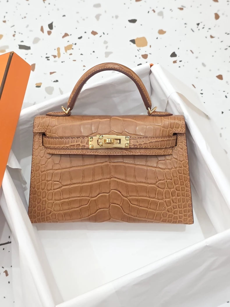 Hermes Mini Kelly 20 Brown Gold matte alligator gold hardware