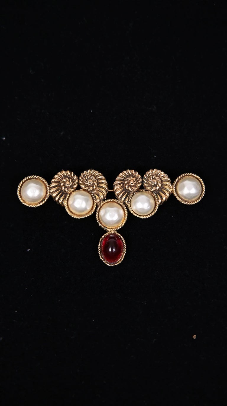 Chanel Rams Horn Pearl Red Gold Glass Brooch