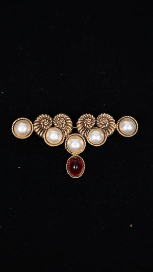 Chanel Rams Horn Pearl Red Gold Glass Brooch