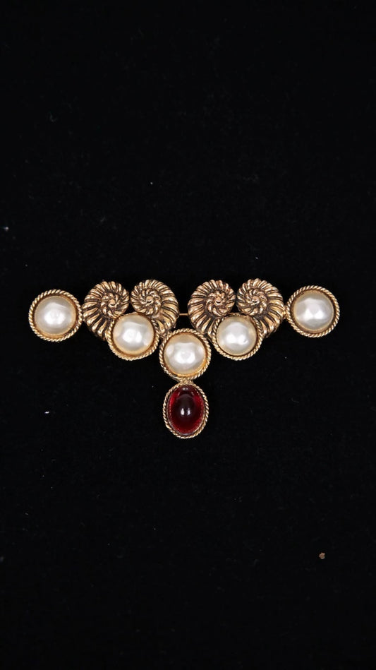 Chanel Rams Horn Pearl Red Gold Glass Brooch