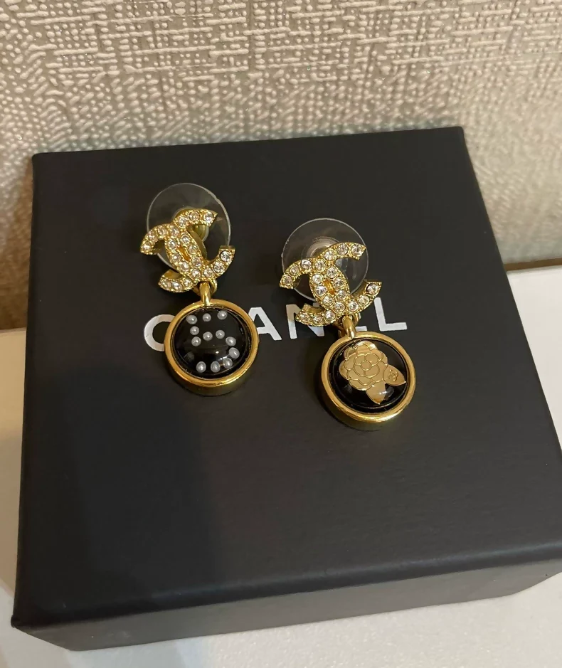 Chanel Camellia No. 5 Black and Gold Earrings