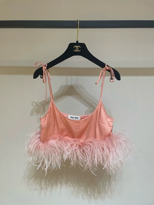 Miu Miu flamingo feather silk top and skirt set