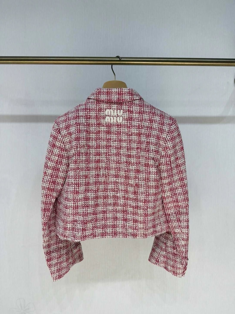 Miumiu 2024 Pink and White Checkered Jacket with Gold Buttons