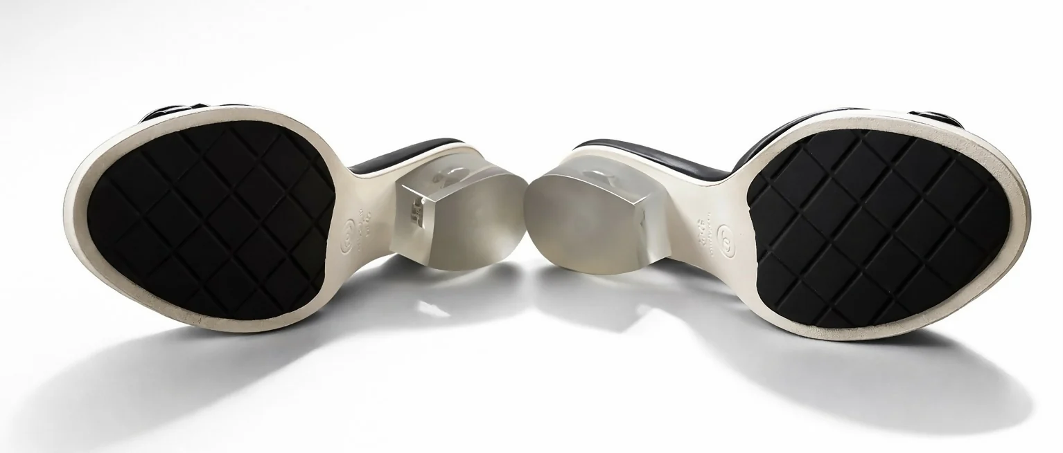 Chanel 19S Sand by the Sea Runway PVC Black Leather Heel Mule Slides EU 37.5C