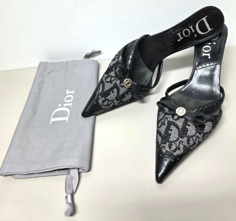 VINTAGE Y2K DIOR TROTTER MONOGRAM BOW POINTED MULE KITTEN HEELS IT 37.5 US 7.5