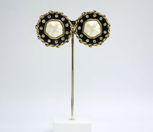 Chanel Vintage 1988 Leather Chain  Rhinestone Clip-on Round Earrings
