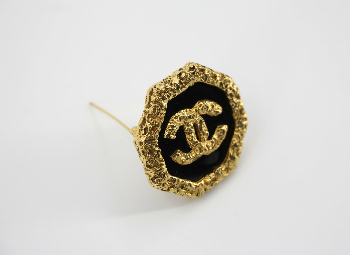 Chanel Vintage 93A Lava Octagonal CC Logo Black and Gold Tone Brooch