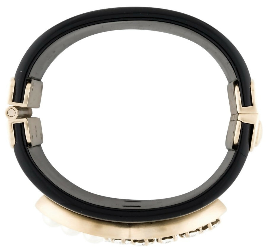 Chanel Iconic 14B Crystal  Pearl CC Wide Black Cuff Bracelet GHW