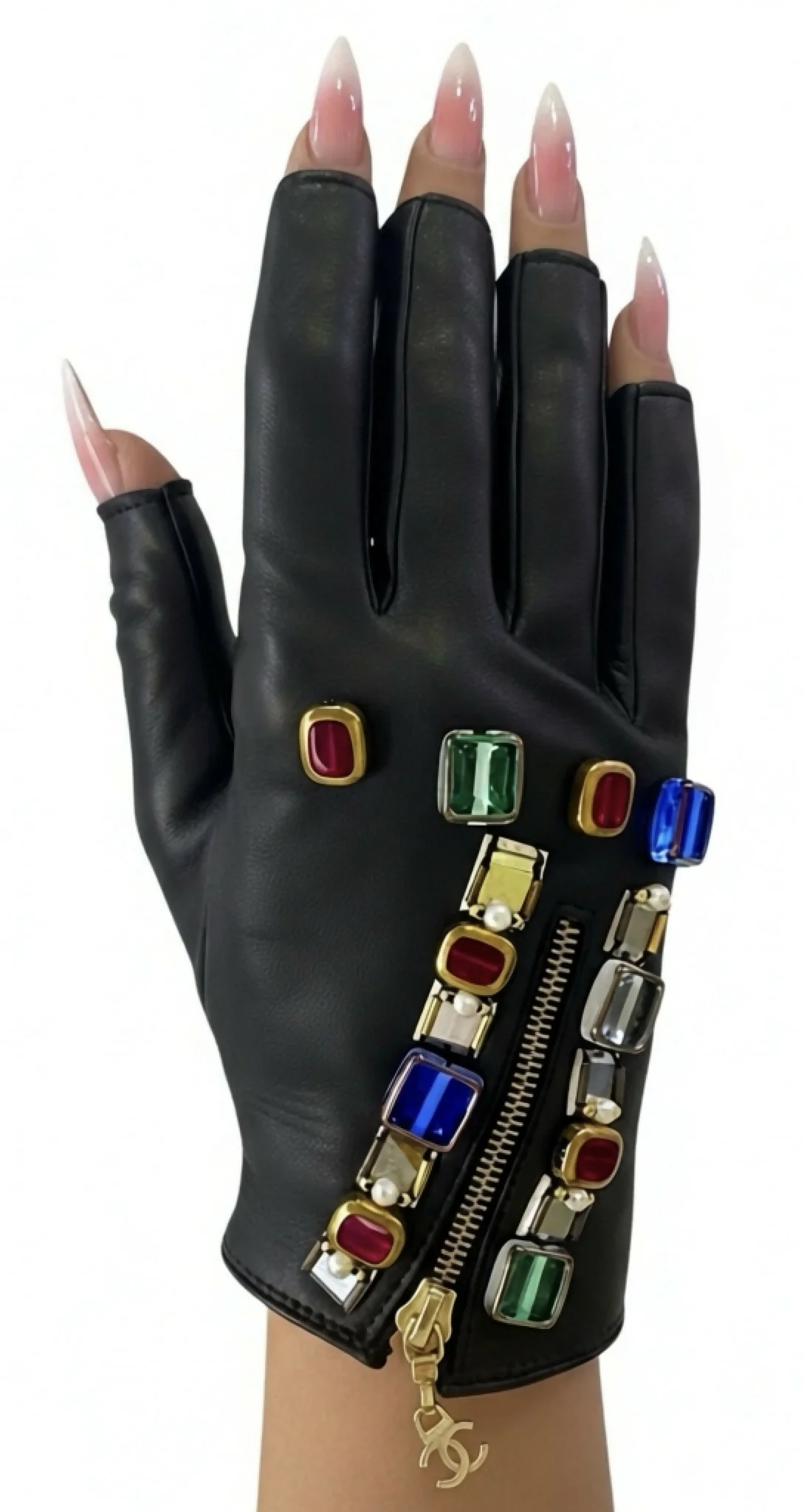 RARE Chanel 11A Paris Byzance Black Leather Jeweled Stone Gloves Size 7