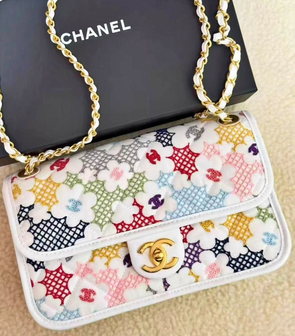 Chanel Spring 2024 White  Multicolor Floral Embroidered Classic Flap Bag with Aged Gold Hardware
