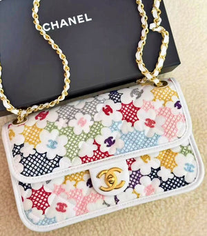 Chanel Spring 2024 White  Multicolor Floral Embroidered Classic Flap Bag with Aged Gold Hardware