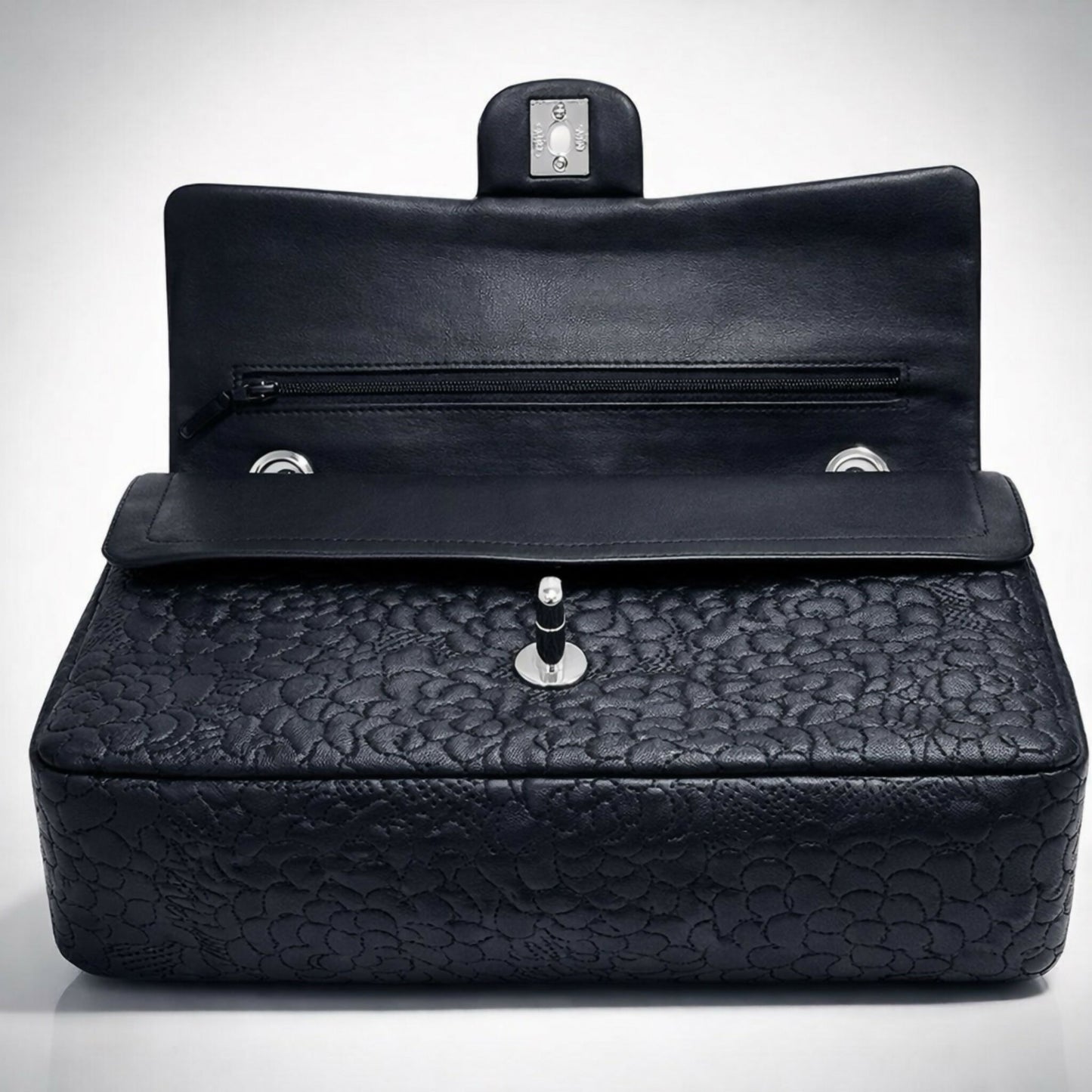 Chanel Medium Double Flap Black Camellia Lambskin Classic Timeless Bag SHW