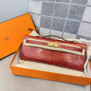 Hermes kelly cut Red Shiny Crocodile Leather Gold Hardware
