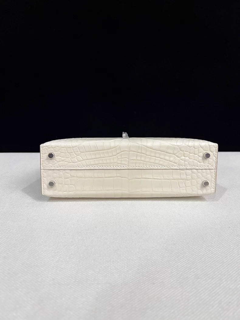 Hermes Mini Kelly 20 Cream White matte Crocodile Leather palladium hardware