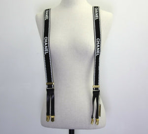 Chanel Vintage 94P Leather  Canvas Coco Mark Suspenders in Black with Gold Hardware