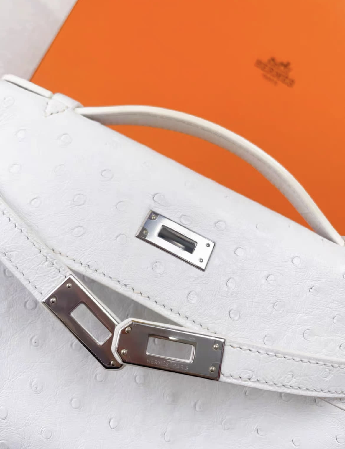 Hermes kelly pochette white ostrich leather palladium hardware