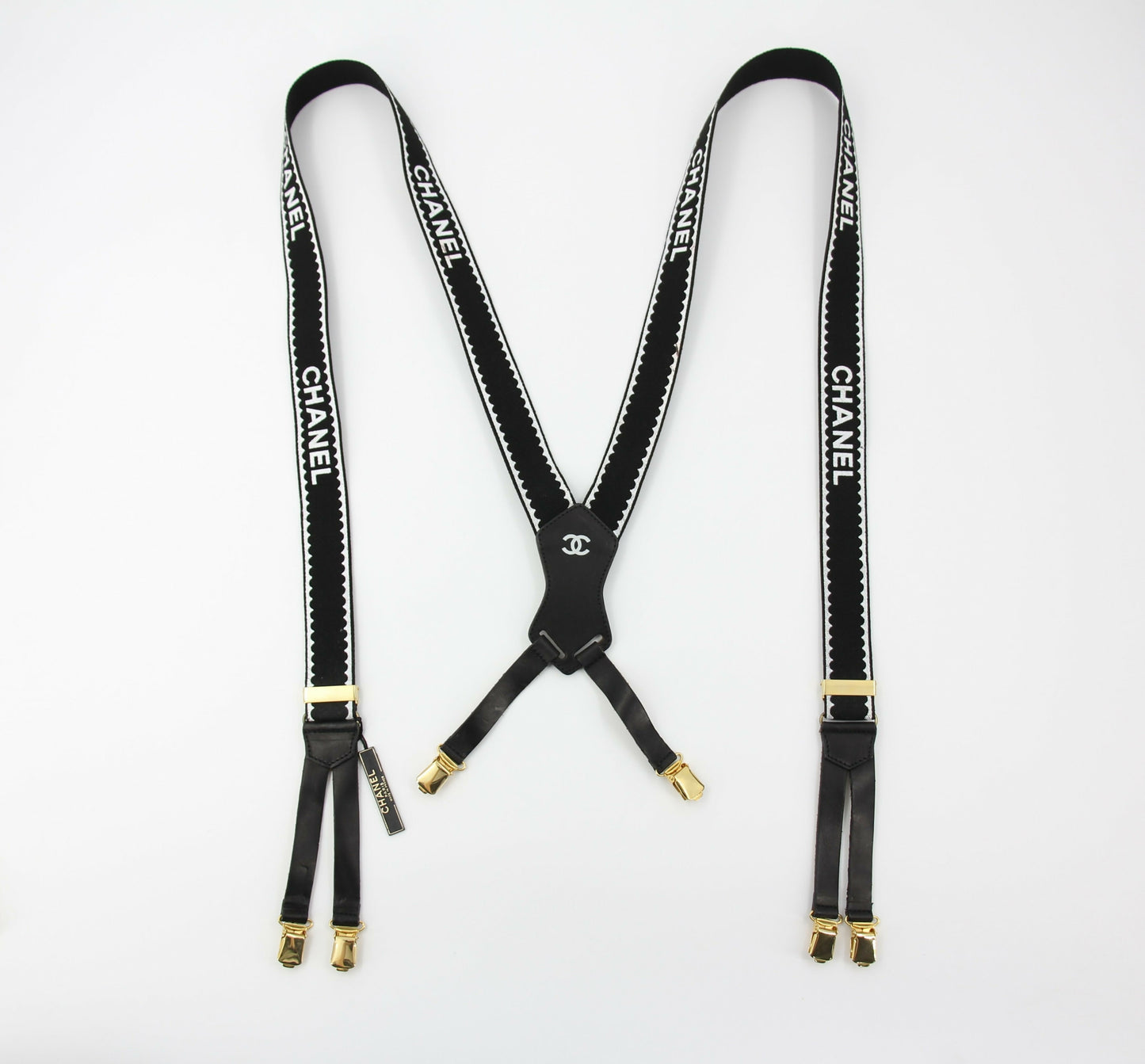 Chanel Vintage 94P Leather  Canvas Coco Mark Suspenders in Black with Gold Hardware