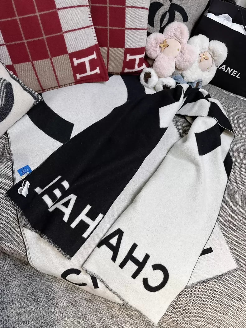 Chanel 21k Cashmere Black and White Large Logo Double C Blanket Shawl