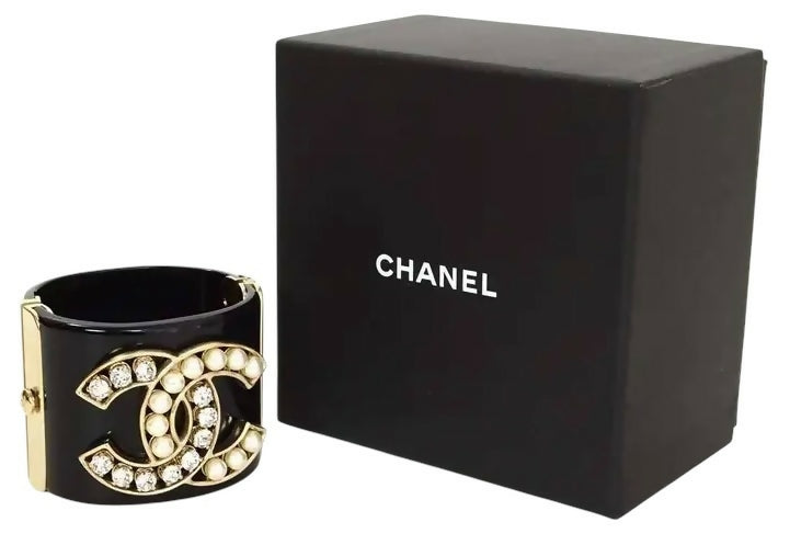 Chanel Iconic 14B Crystal  Pearl CC Wide Black Cuff Bracelet GHW
