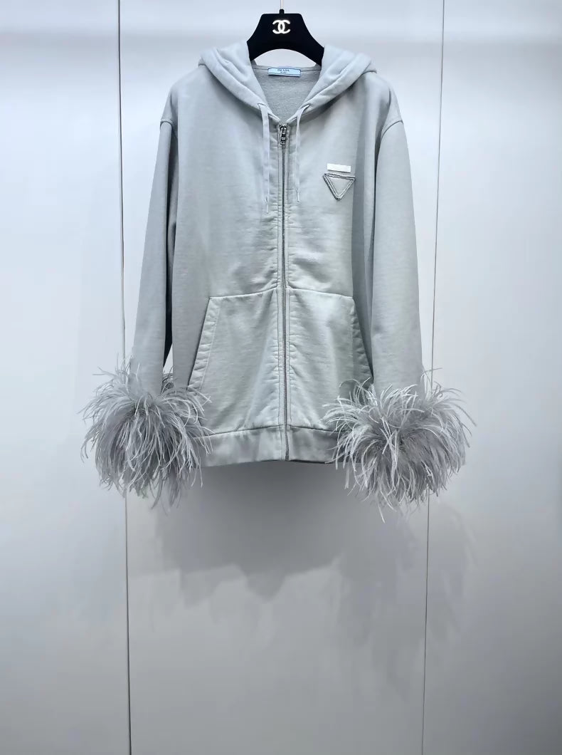 Prada 2024 Grey Feather-Decorated Hooded jacket