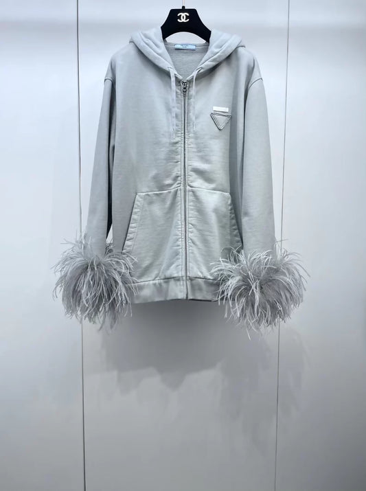 Prada 2024 Grey Feather-Decorated Hooded jacket