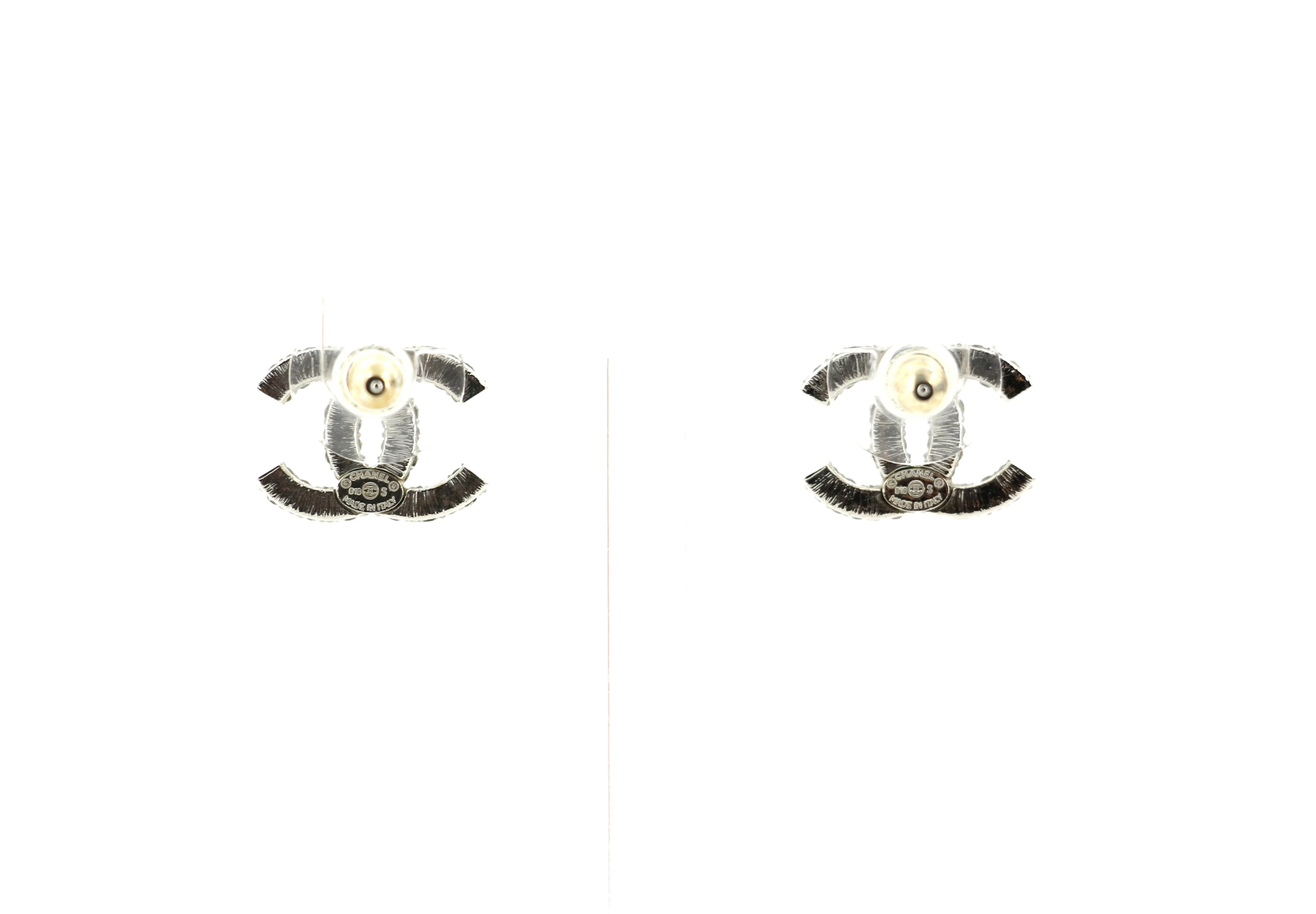 Chanel B18S Rhinestone Classic Silver CC Stud Earrings