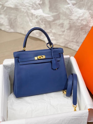 Hermes Kelly 25 blue Swift leather gold hardware