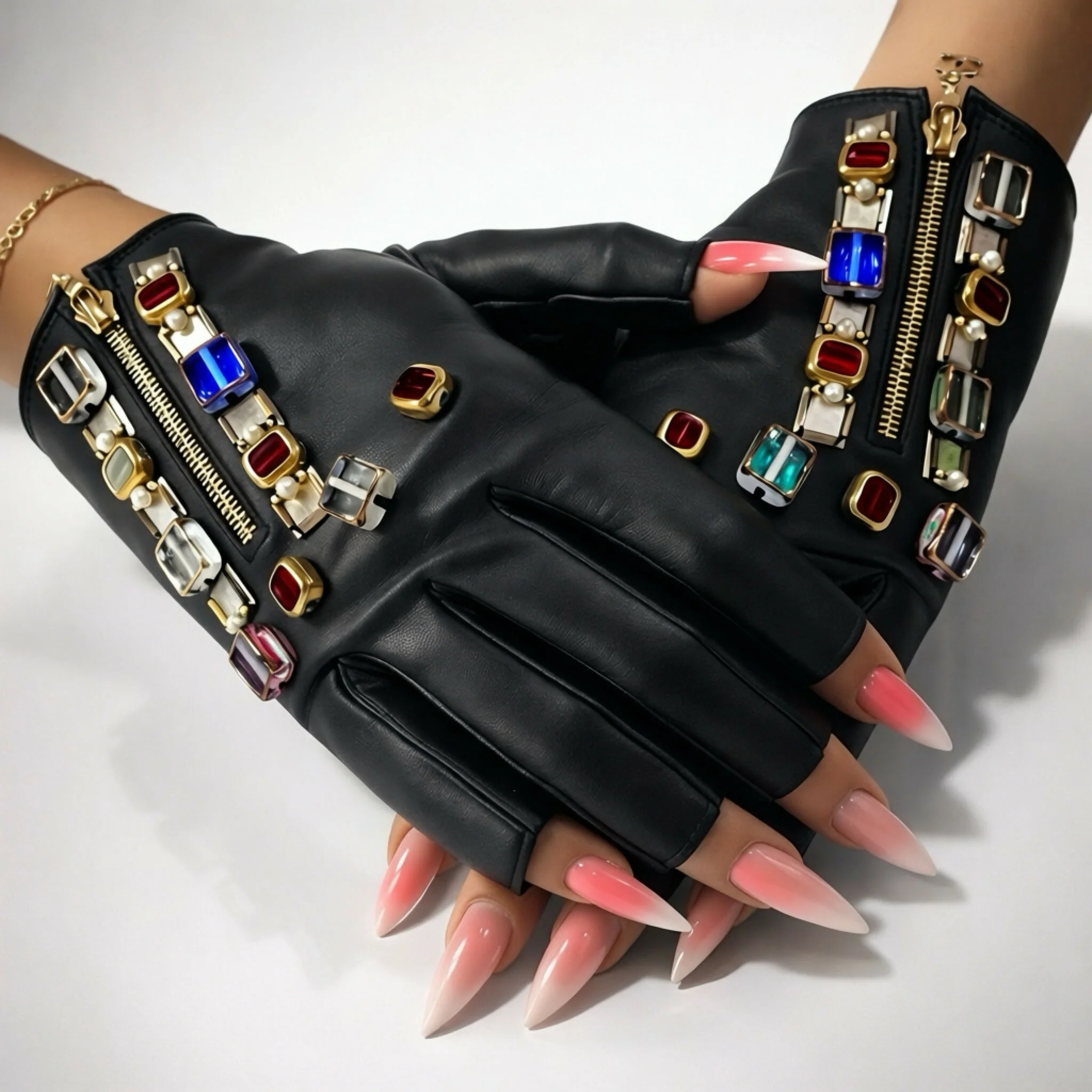 RARE Chanel 11A Paris Byzance Black Leather Jeweled Stone Gloves Size 7