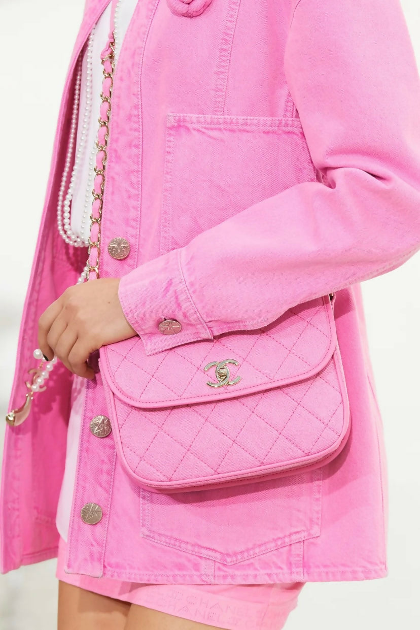 Iconic Chanel 21S Neon Pink Denim Camellia Jacket FR 36