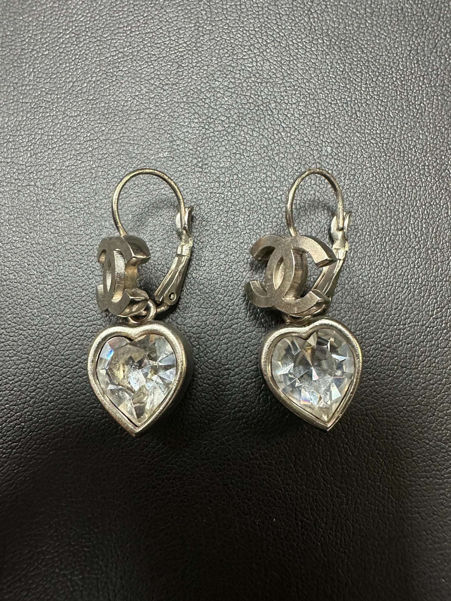 Chanel Vintage 2004 Rhinestone Sliver Heart CC Dangle Earrings