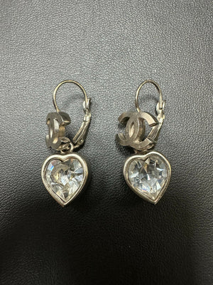 Chanel Vintage 2004 Rhinestone  Sliver Heart CC Dangle Earrings