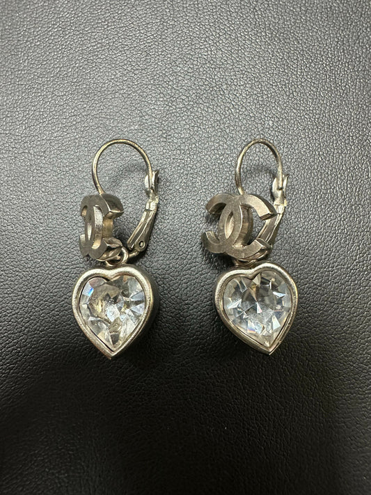 Chanel Vintage 2004 Rhinestone  Sliver Heart CC Dangle Earrings