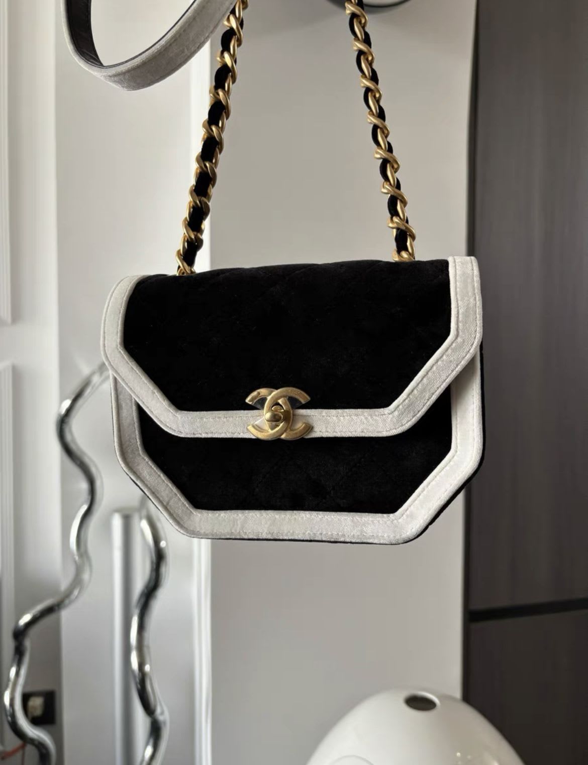 CHANEL Chanel Seasonal Flap Bag, Black and White Velvet with Gold Hardware - Small Crossbody Bag - Used fashion item from Top Quality Luxury Designers Bag