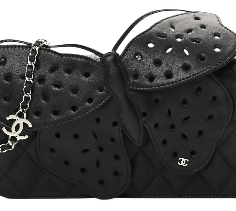 Rare Chanel 2011 Lambskin Black Butterfly Ornament Clutch Crossbody Flap Bag