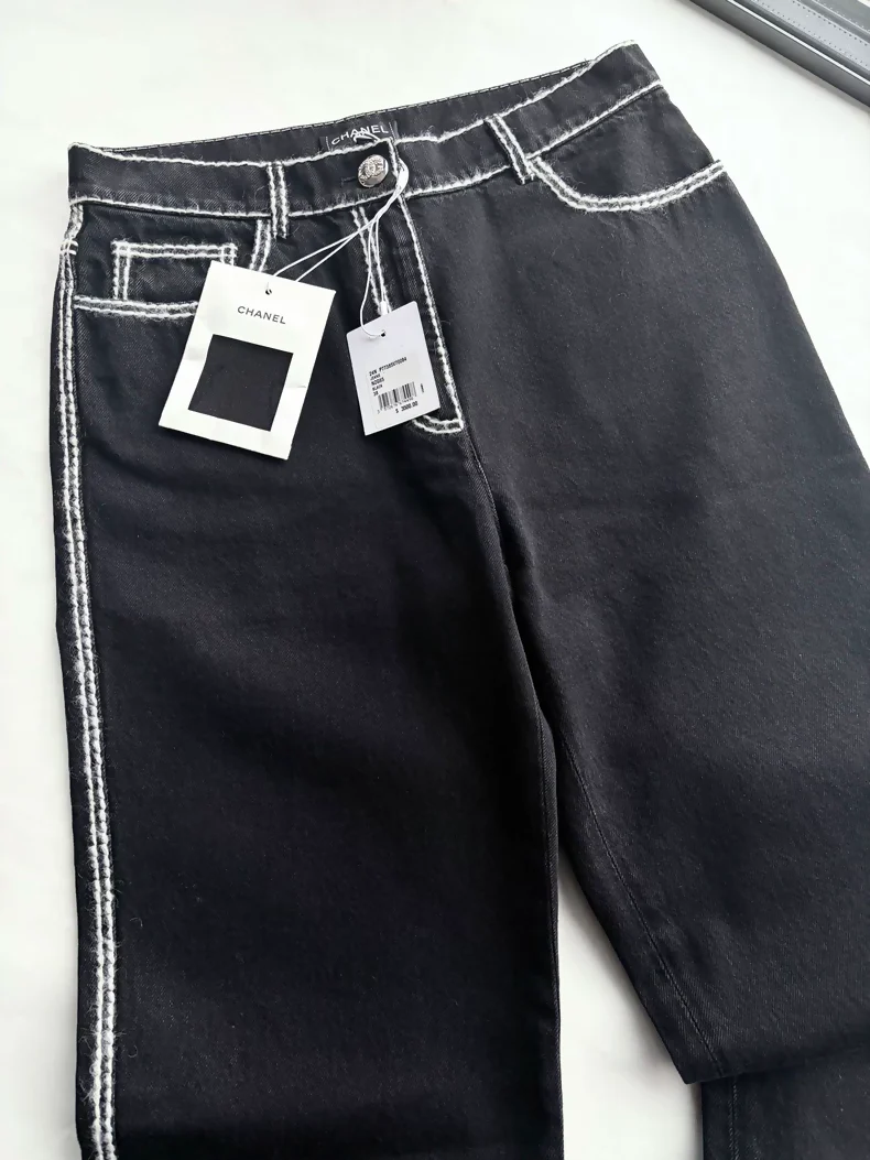 Chanel 24N Black Straight-Leg Trousers with white Stripe Trim