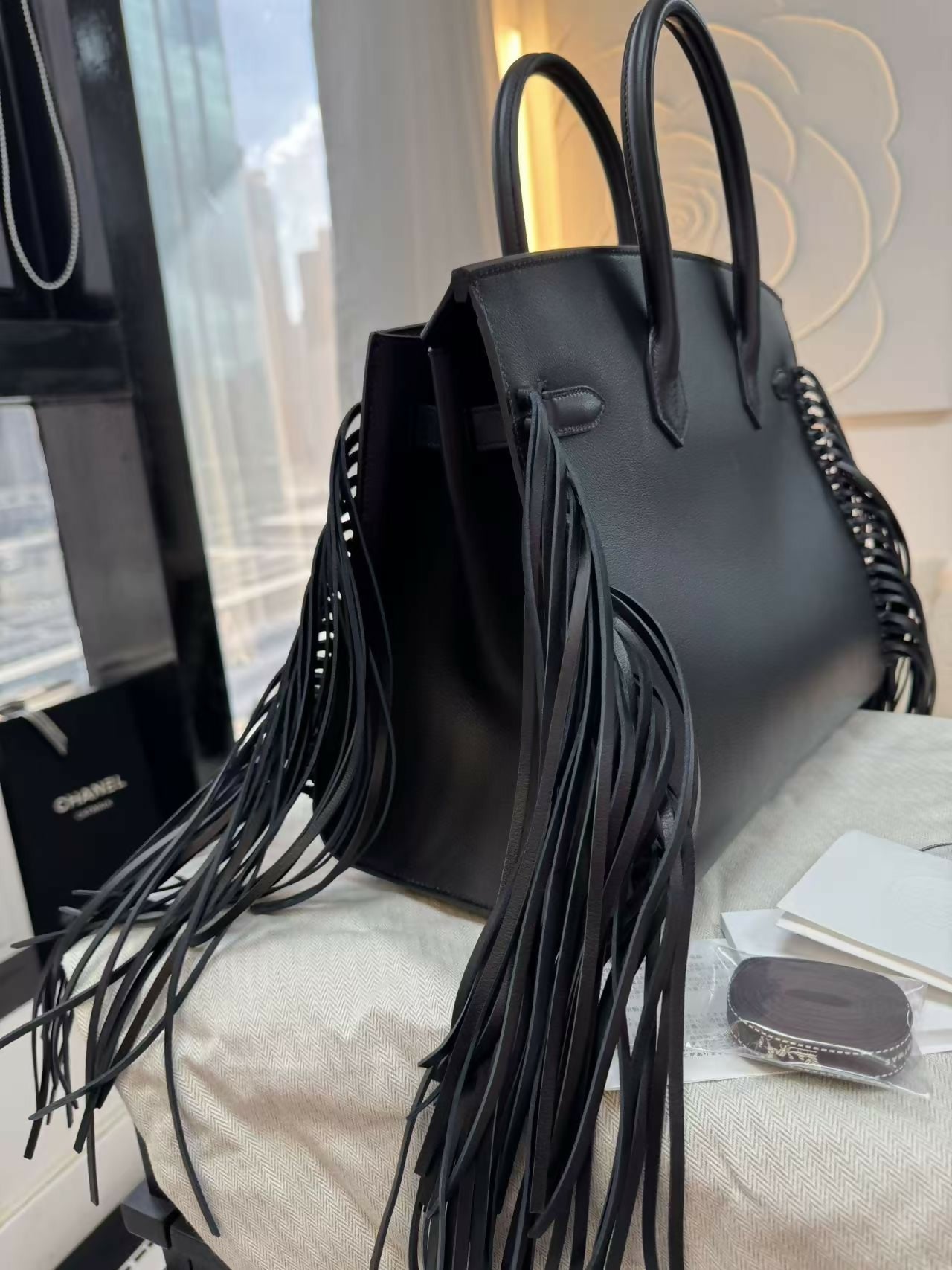 Hermès Birkin 35 Black Evergrain Leather Handbag with Silver Hardware and Fringe