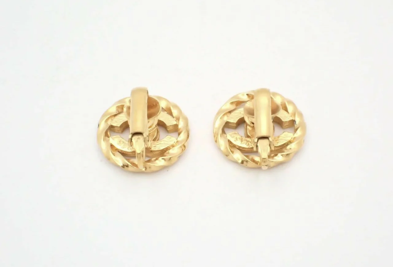 Chanel Vintage Rhinestone Gold Plated CC Logo Clip-on Earrings
