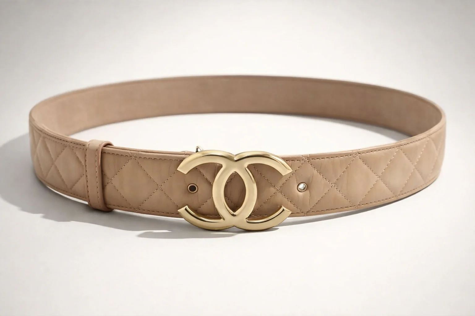 Chanel 14C Beige on Gold CC Buckle Quilted Lambskin Belt Size 85/34