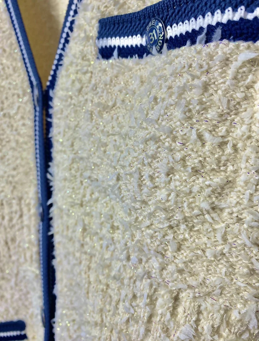 Chanel 19P Sand by the Sea Fantasy Tweed Ivory Navy Short Sleeve Dress FR 36