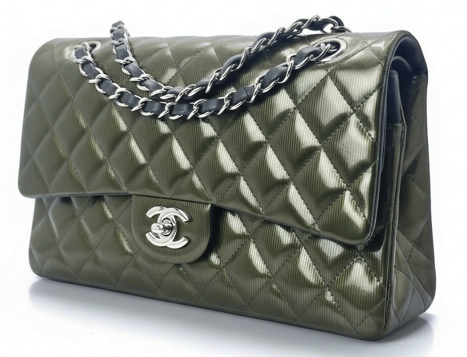 Chanel Medium Double Flap Green Straited Patent Leather Timeless Classic Bag SHW