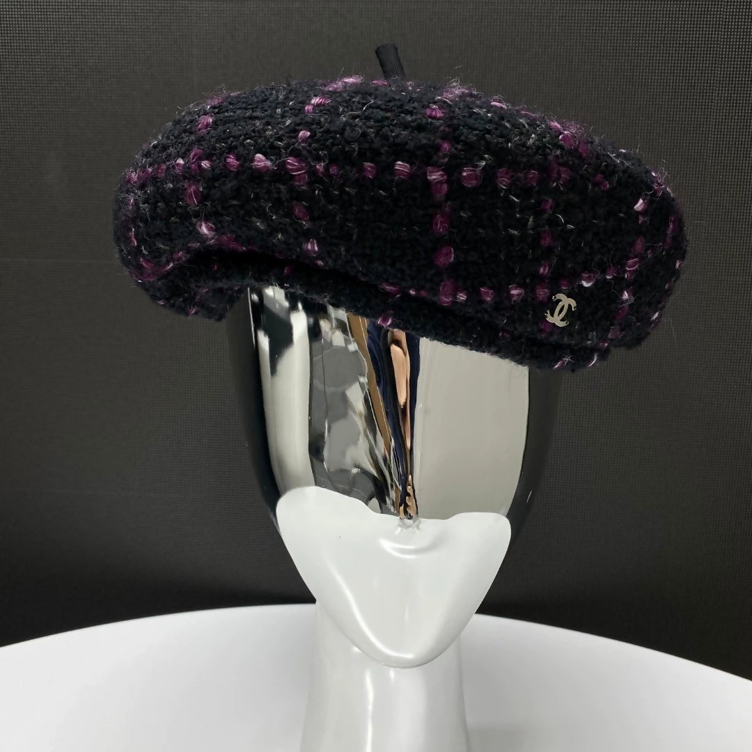 Chanel purple and black tweed sequined beret