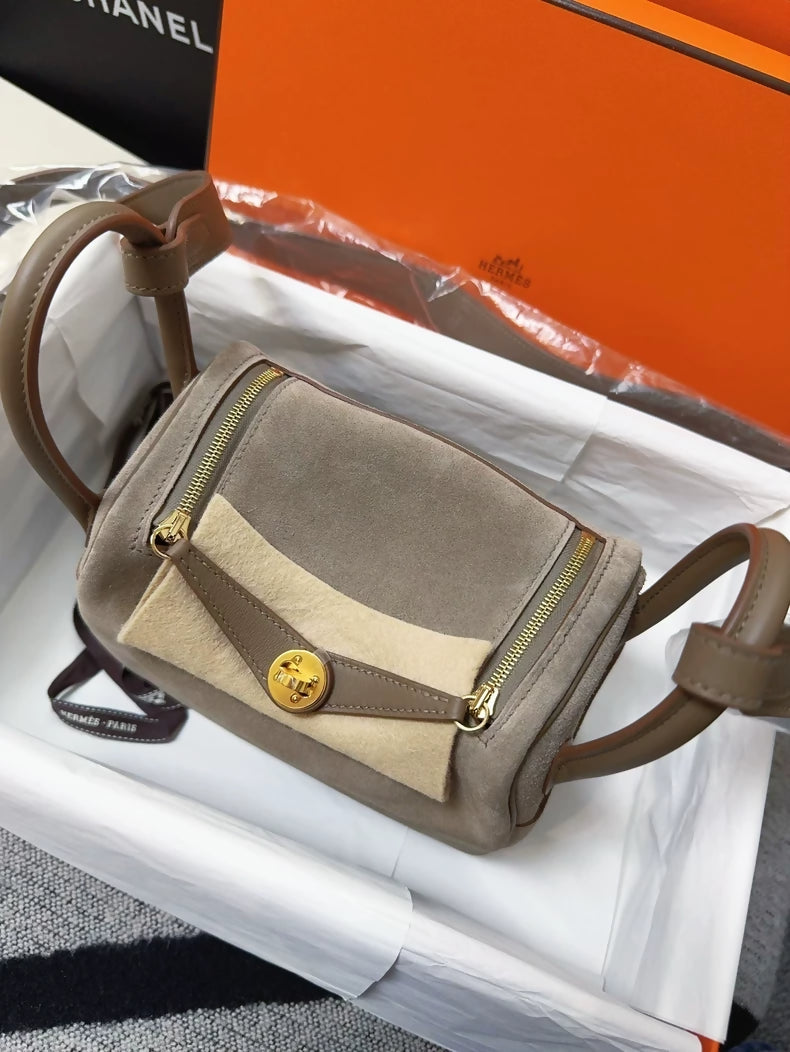 Hermes Mini lindy Etoupe Gray Doblis suede with Swift leather gold hardware